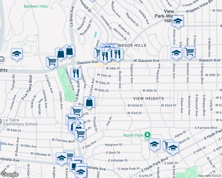 map of restaurants, bars, coffee shops, grocery stores, and more near 4437 West 60th Street in View Park-Windsor Hills