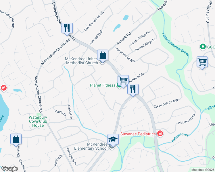 map of restaurants, bars, coffee shops, grocery stores, and more near 1539 Stampmill Way Northwest in Lawrenceville
