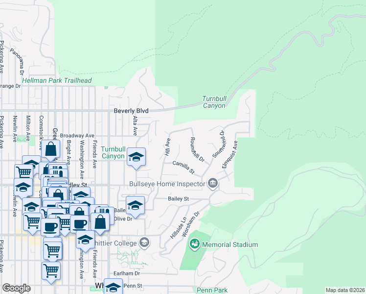 map of restaurants, bars, coffee shops, grocery stores, and more near 6266 Hillside Lane in Whittier