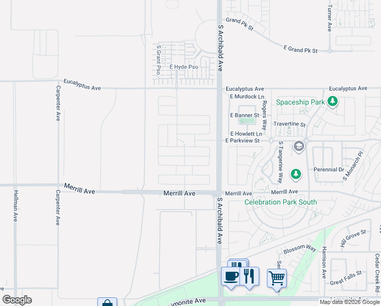 map of restaurants, bars, coffee shops, grocery stores, and more near 2635 E Harper Street in Ontario