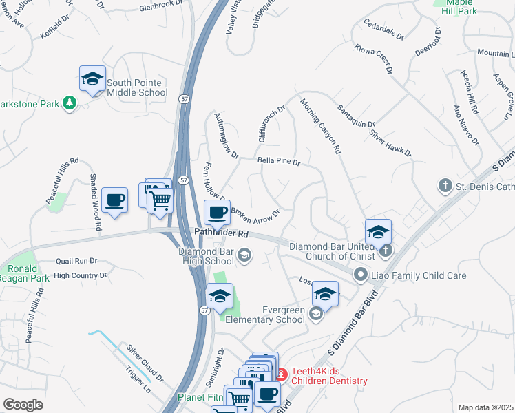 map of restaurants, bars, coffee shops, grocery stores, and more near 1978 White Star Drive in Diamond Bar