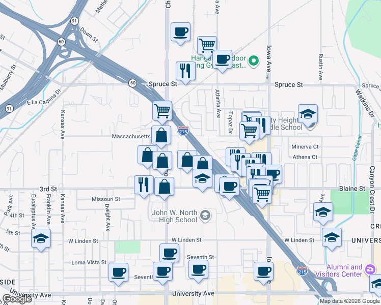 map of restaurants, bars, coffee shops, grocery stores, and more near 3024 Carl Street in Riverside