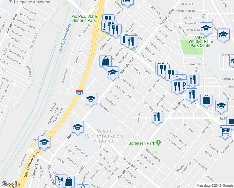 map of restaurants, bars, coffee shops, grocery stores, and more near 10837 Bexley Drive in Whittier