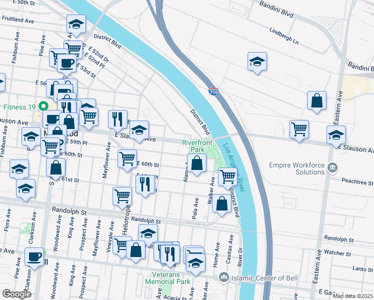 map of restaurants, bars, coffee shops, grocery stores, and more near 5915 Alamo Avenue in Maywood