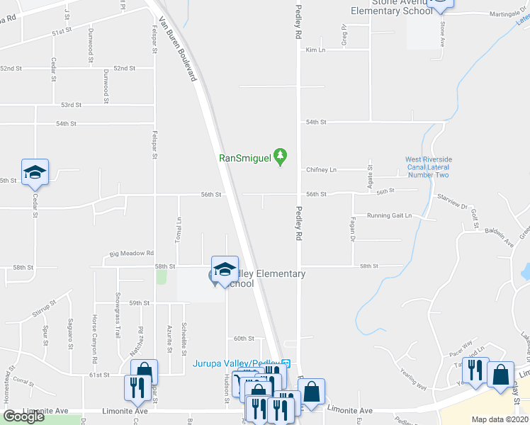 map of restaurants, bars, coffee shops, grocery stores, and more near 5650 Claubert Court in Riverside