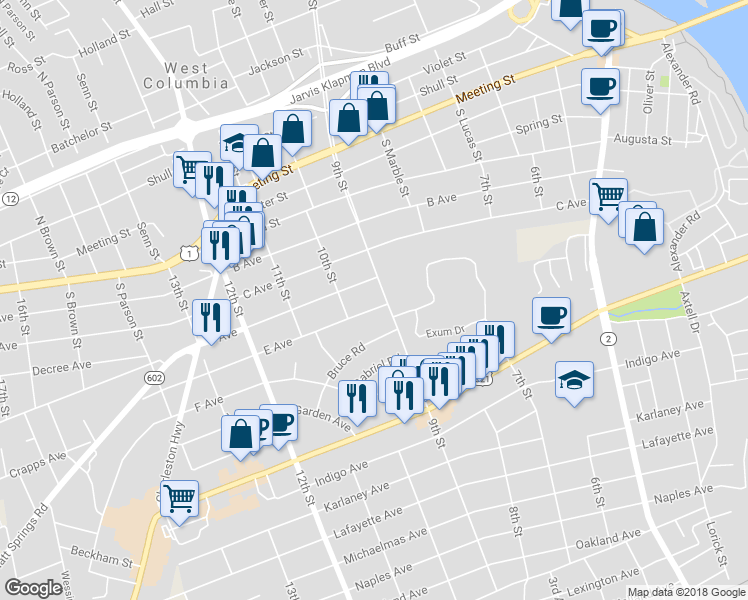 map of restaurants, bars, coffee shops, grocery stores, and more near 908 E Avenue in West Columbia