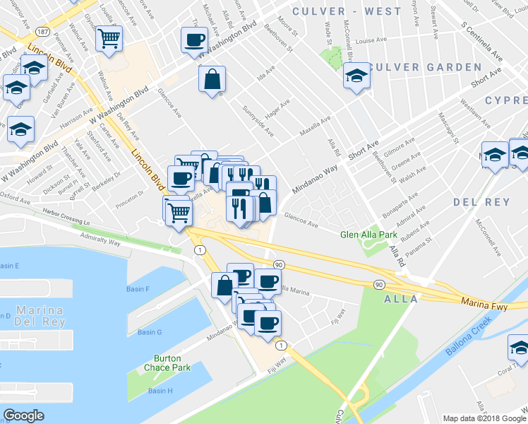 map of restaurants, bars, coffee shops, grocery stores, and more near 4375 Glencoe Avenue in Marina del Rey