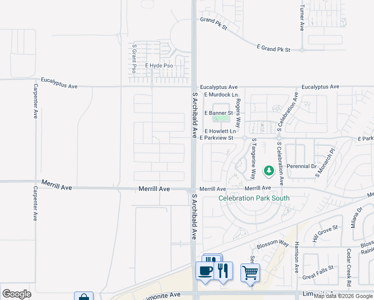 map of restaurants, bars, coffee shops, grocery stores, and more near 4845 South Cora Way in Ontario