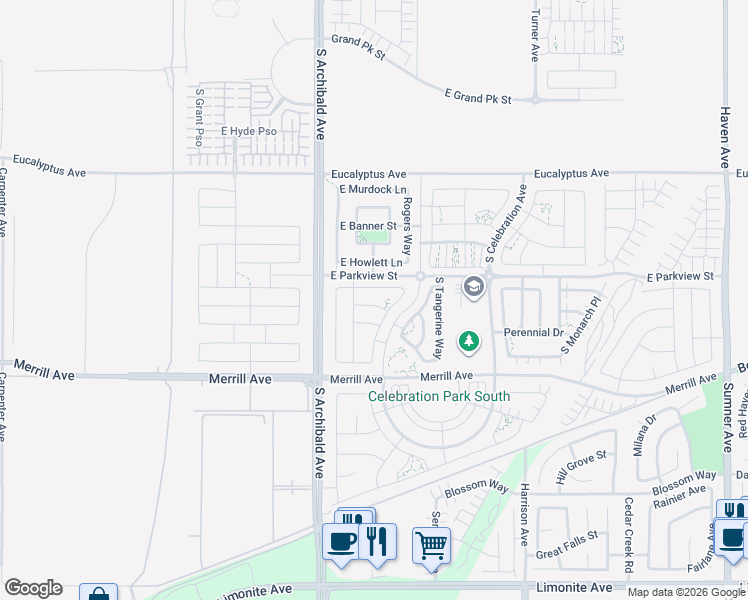 map of restaurants, bars, coffee shops, grocery stores, and more near 2783 East Raspberry Lane in Ontario