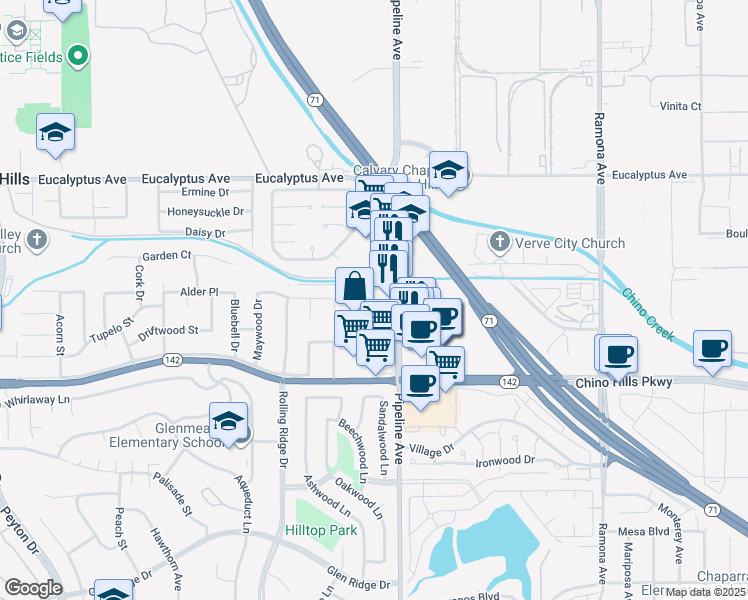 map of restaurants, bars, coffee shops, grocery stores, and more near 14720 Pipeline Avenue in Chino Hills