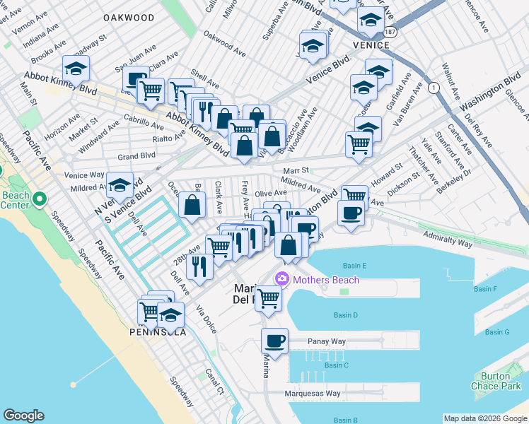 map of restaurants, bars, coffee shops, grocery stores, and more near 2432 Cloy Avenue in Los Angeles