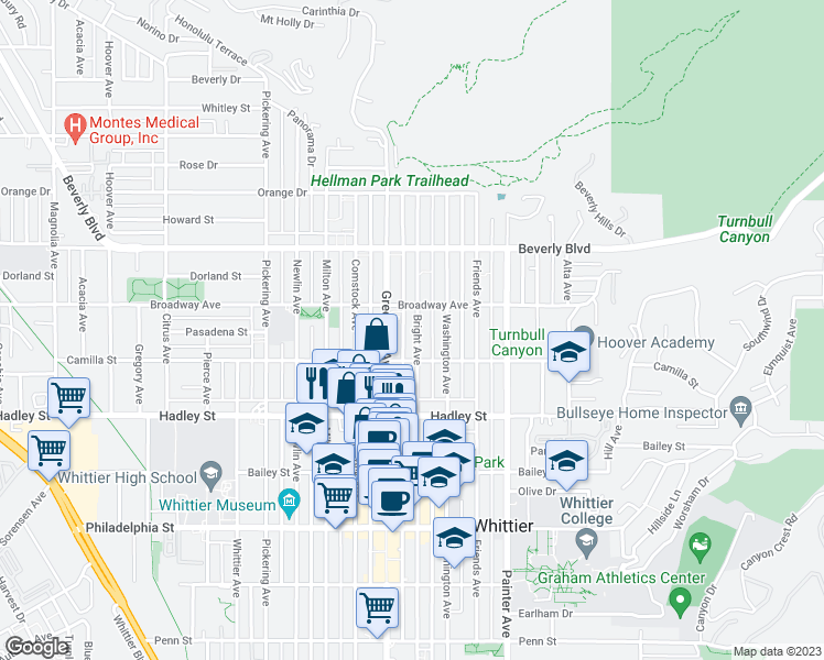 map of restaurants, bars, coffee shops, grocery stores, and more near 6227 Bright Avenue in Whittier