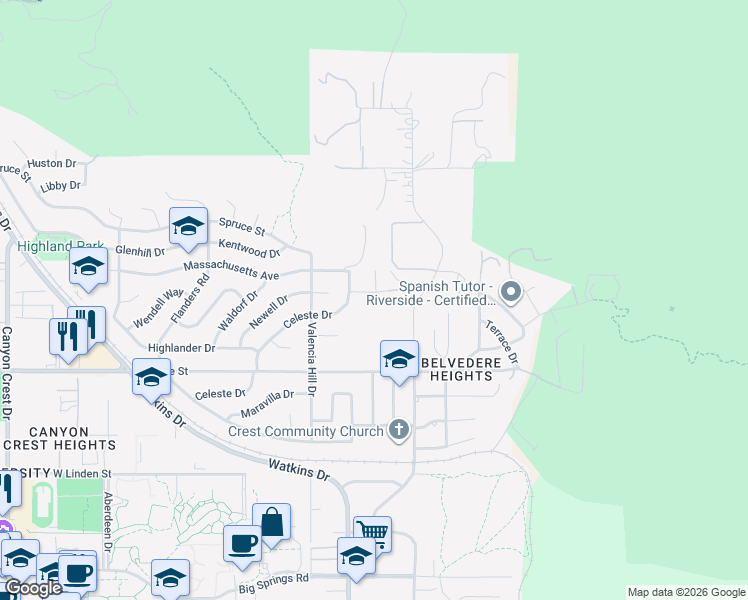map of restaurants, bars, coffee shops, grocery stores, and more near 182 Deborah Court in Riverside