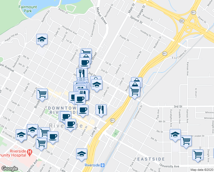 map of restaurants, bars, coffee shops, grocery stores, and more near 3492 3rd Street in Riverside