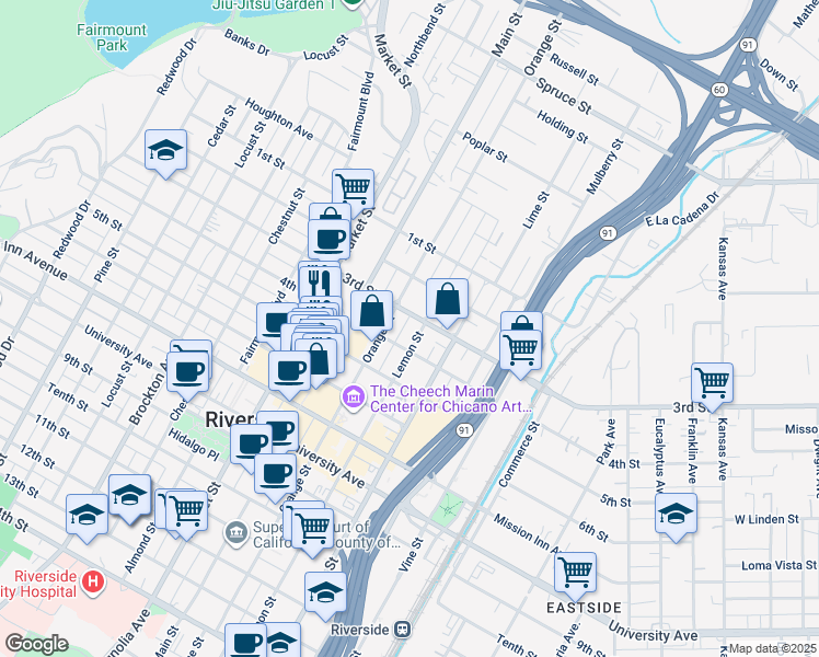 map of restaurants, bars, coffee shops, grocery stores, and more near 3492 3rd Street in Riverside