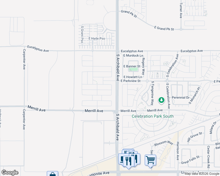 map of restaurants, bars, coffee shops, grocery stores, and more near 4845 South Cora Way in Ontario