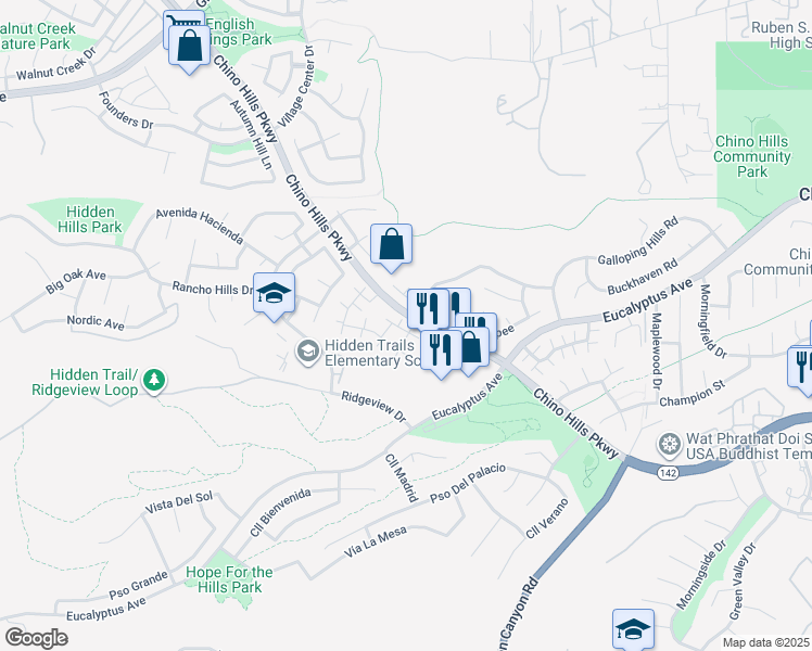 map of restaurants, bars, coffee shops, grocery stores, and more near 2503 Sundial Drive in Chino Hills