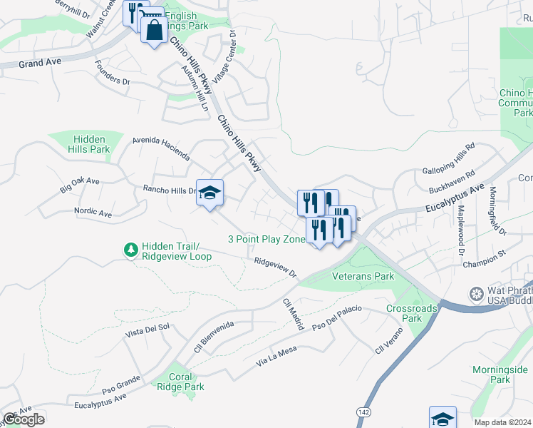 map of restaurants, bars, coffee shops, grocery stores, and more near 2440 Moon Dust Drive in Chino Hills