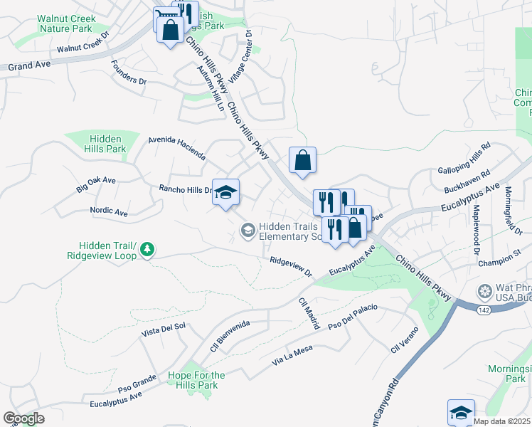 map of restaurants, bars, coffee shops, grocery stores, and more near 14727 Ranchview Terrace in Chino Hills