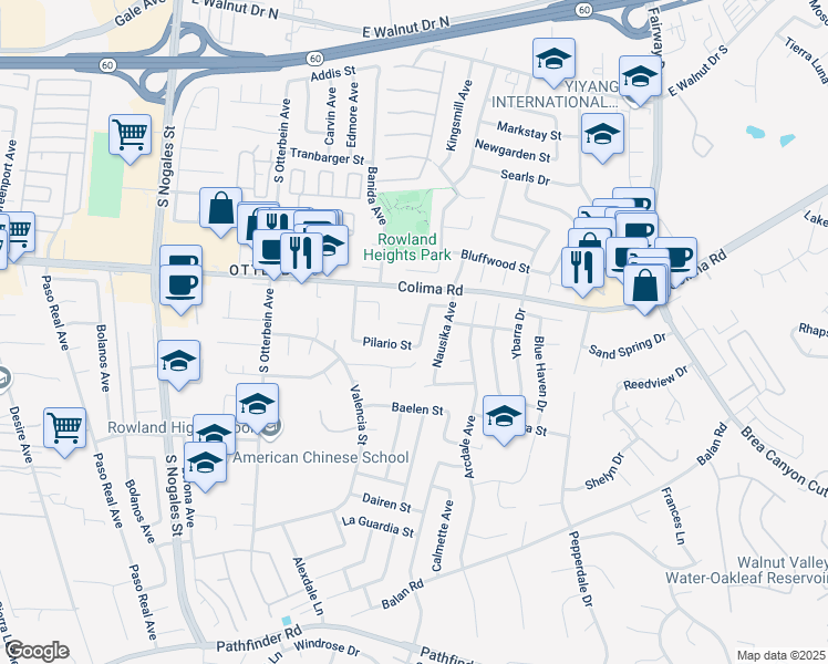 map of restaurants, bars, coffee shops, grocery stores, and more near 19330 Temre Lane in Rowland Heights