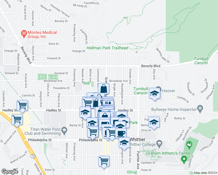 map of restaurants, bars, coffee shops, grocery stores, and more near 6227 Bright Avenue in Whittier