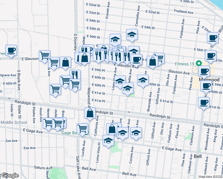 map of restaurants, bars, coffee shops, grocery stores, and more near 3628 East 60th Place in Huntington Park