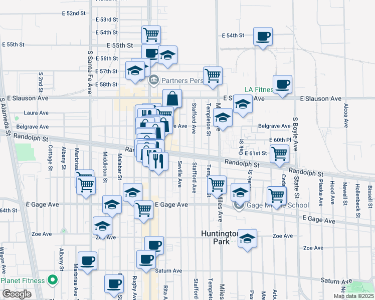 map of restaurants, bars, coffee shops, grocery stores, and more near 2701 Randolph Street in Huntington Park