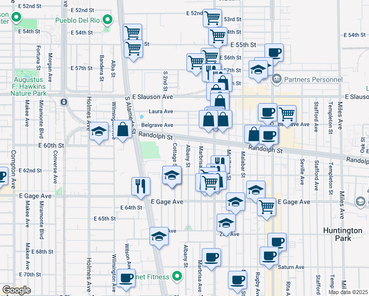 map of restaurants, bars, coffee shops, grocery stores, and more near 6127 Albany Street in Huntington Park