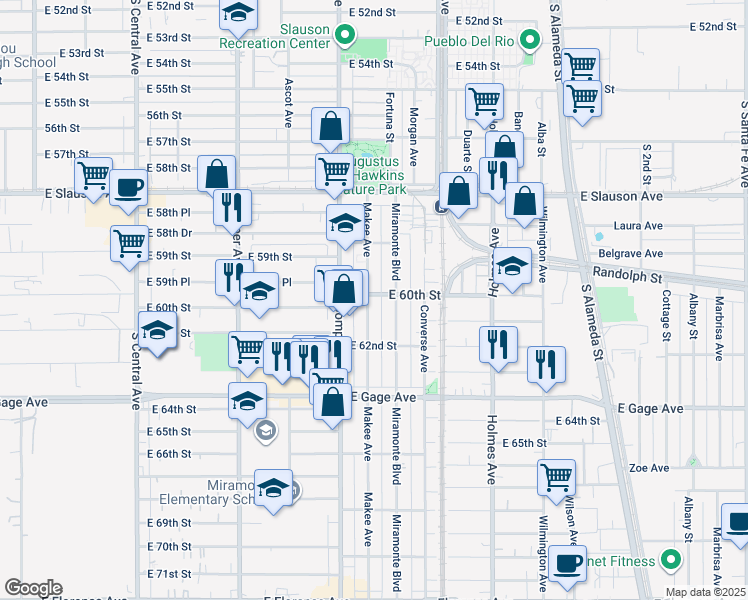 map of restaurants, bars, coffee shops, grocery stores, and more near 6008 Makee Avenue in Los Angeles