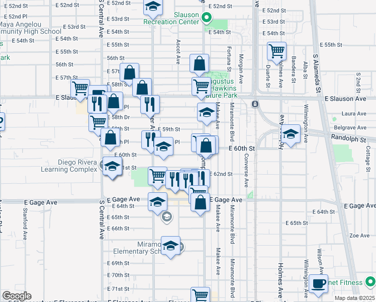 map of restaurants, bars, coffee shops, grocery stores, and more near 1409 East 60th Street in Los Angeles