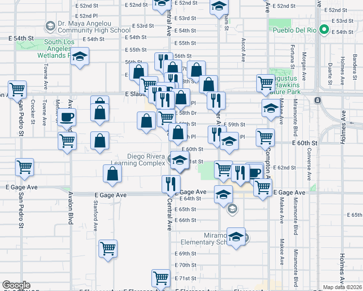 map of restaurants, bars, coffee shops, grocery stores, and more near 1133 East 60th Street in Los Angeles