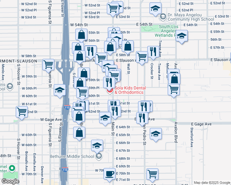 map of restaurants, bars, coffee shops, grocery stores, and more near 5962 South Main Street in Los Angeles