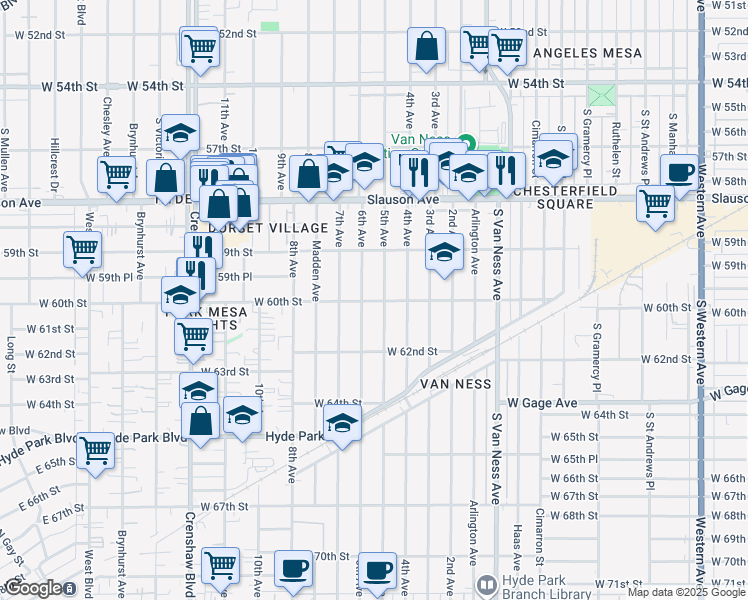 map of restaurants, bars, coffee shops, grocery stores, and more near 6003 5th Avenue in Los Angeles