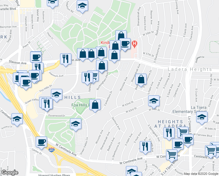 map of restaurants, bars, coffee shops, grocery stores, and more near 5950 Canterbury Drive in Culver City