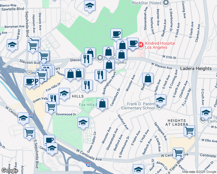 map of restaurants, bars, coffee shops, grocery stores, and more near 6000 Buckingham Parkway in Culver City
