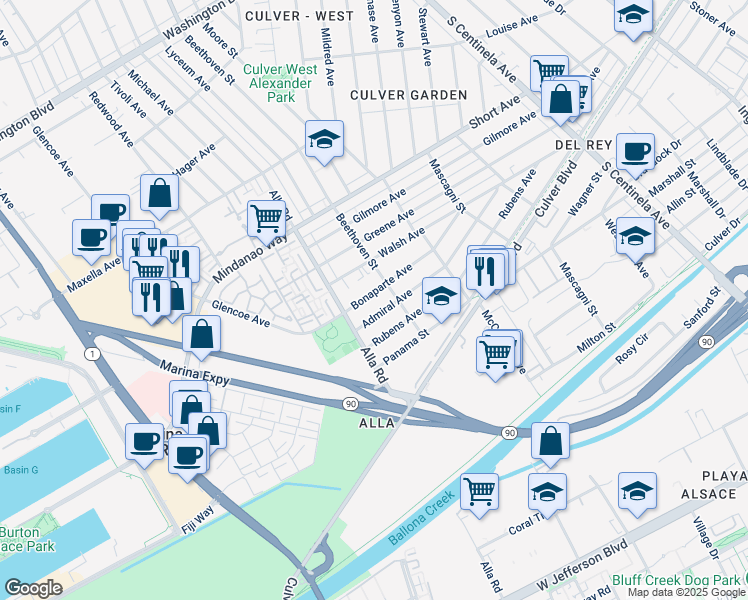 map of restaurants, bars, coffee shops, grocery stores, and more near 12926 Bonaparte Avenue in Los Angeles