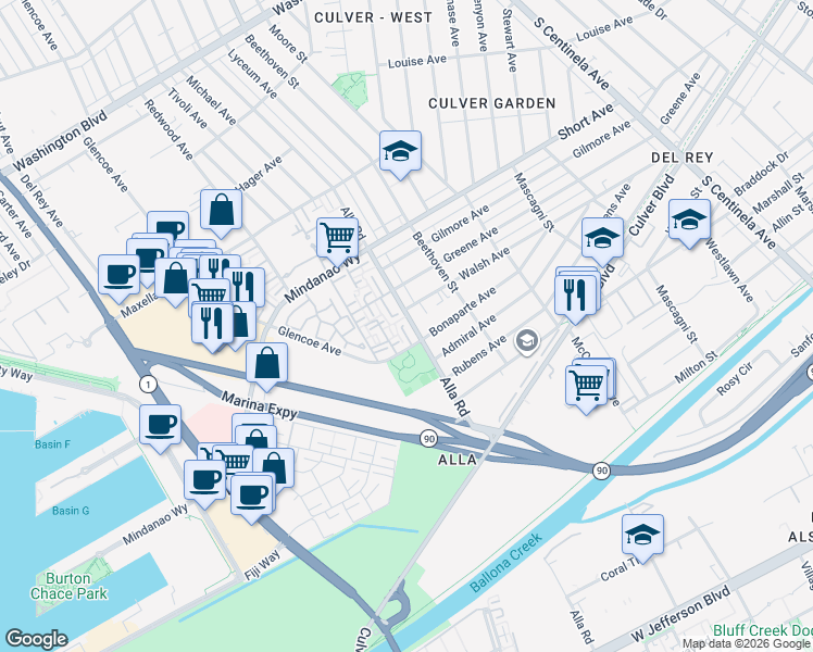map of restaurants, bars, coffee shops, grocery stores, and more near 4646 Glencoe Avenue in Marina del Rey