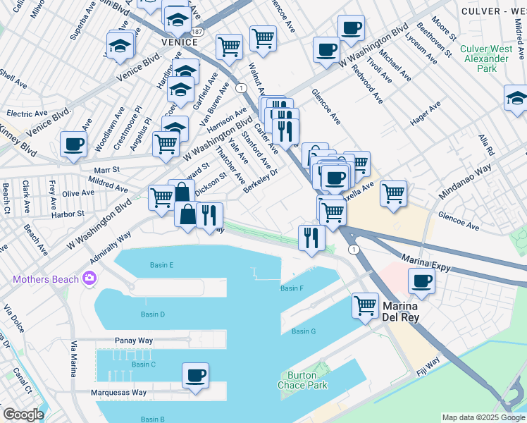 map of restaurants, bars, coffee shops, grocery stores, and more near 3311 Thatcher Avenue in Marina del Rey