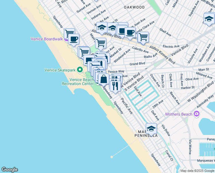 map of restaurants, bars, coffee shops, grocery stores, and more near 20 19th Avenue in Los Angeles