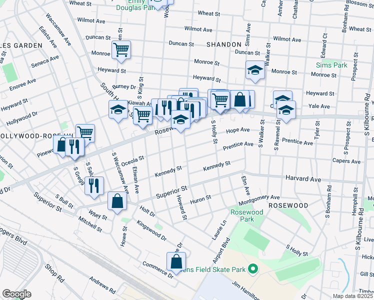 map of restaurants, bars, coffee shops, grocery stores, and more near 505 South Maple Street in Columbia