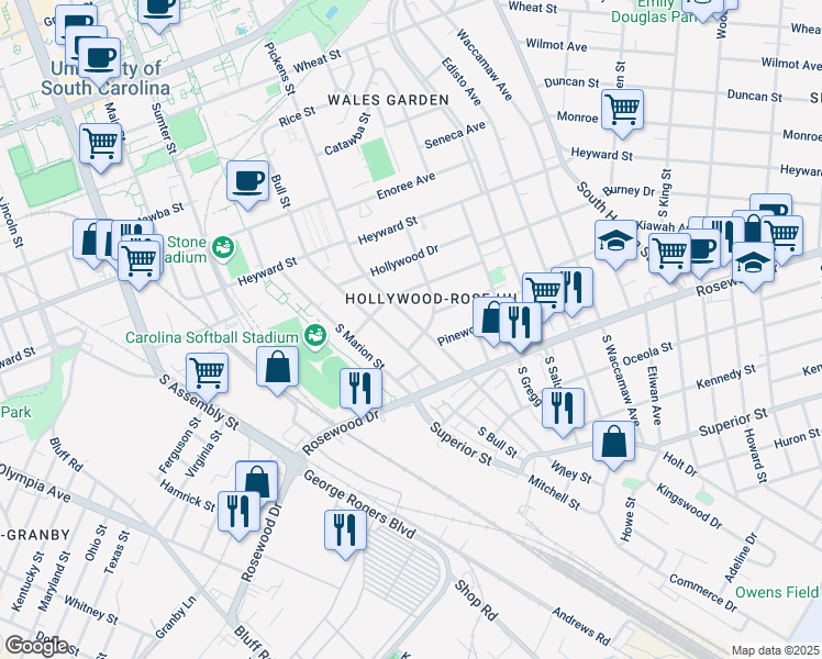 map of restaurants, bars, coffee shops, grocery stores, and more near 221 South Pickens Street in Columbia