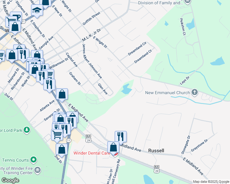map of restaurants, bars, coffee shops, grocery stores, and more near 264 James Albert Johnson Avenue in Winder