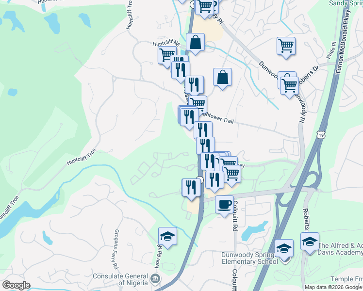 map of restaurants, bars, coffee shops, grocery stores, and more near 8450 Roswell Road in Atlanta