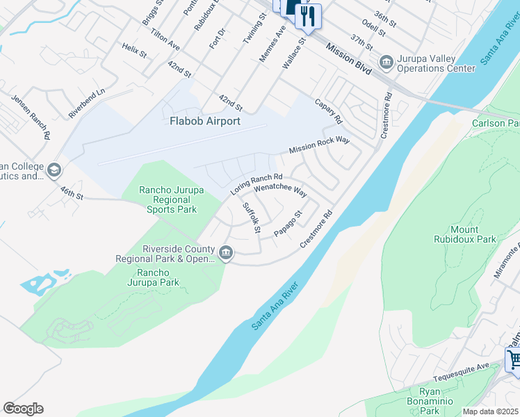 map of restaurants, bars, coffee shops, grocery stores, and more near 5228 Quapaw Way in Riverside
