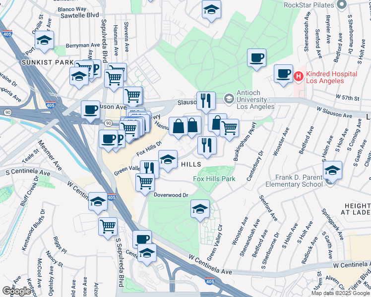 map of restaurants, bars, coffee shops, grocery stores, and more near 6083 Bristol Parkway in Culver City