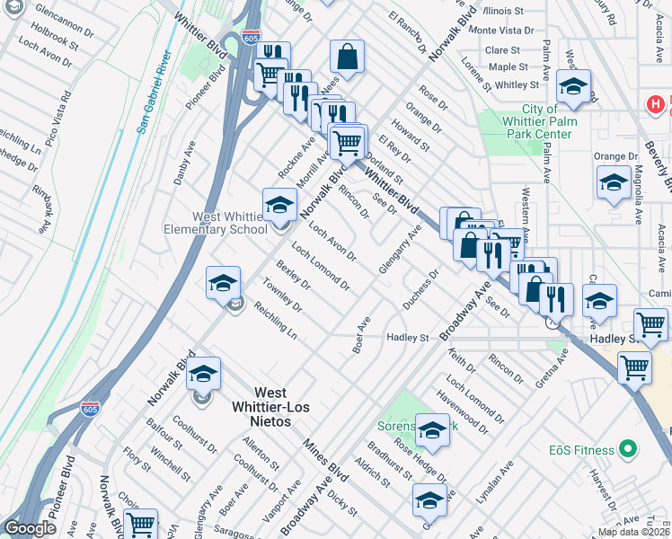 map of restaurants, bars, coffee shops, grocery stores, and more near 10943 Loch Lomond Drive in Whittier
