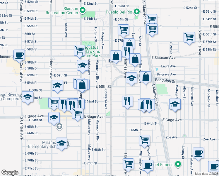 map of restaurants, bars, coffee shops, grocery stores, and more near 1664 East 60th Street in Los Angeles