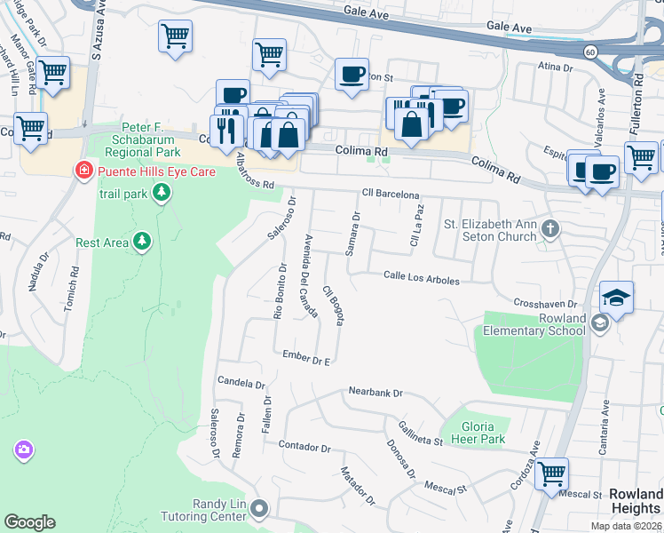 map of restaurants, bars, coffee shops, grocery stores, and more near 1920 Calle Bogota in Rowland Heights