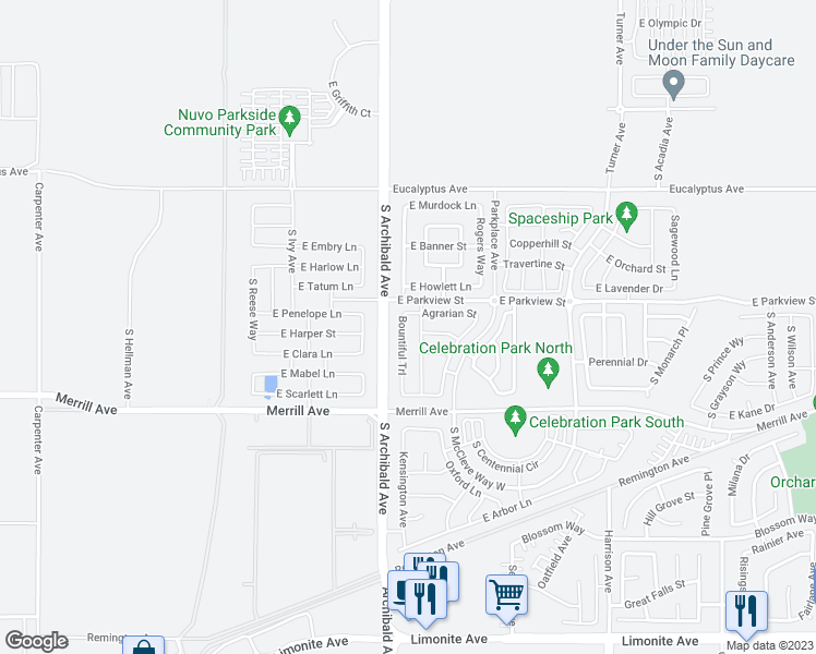map of restaurants, bars, coffee shops, grocery stores, and more near 4833 South Bountiful Trail in Ontario
