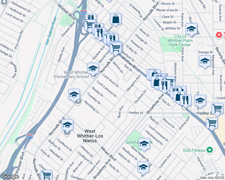 map of restaurants, bars, coffee shops, grocery stores, and more near 10943 Loch Lomond Drive in Whittier